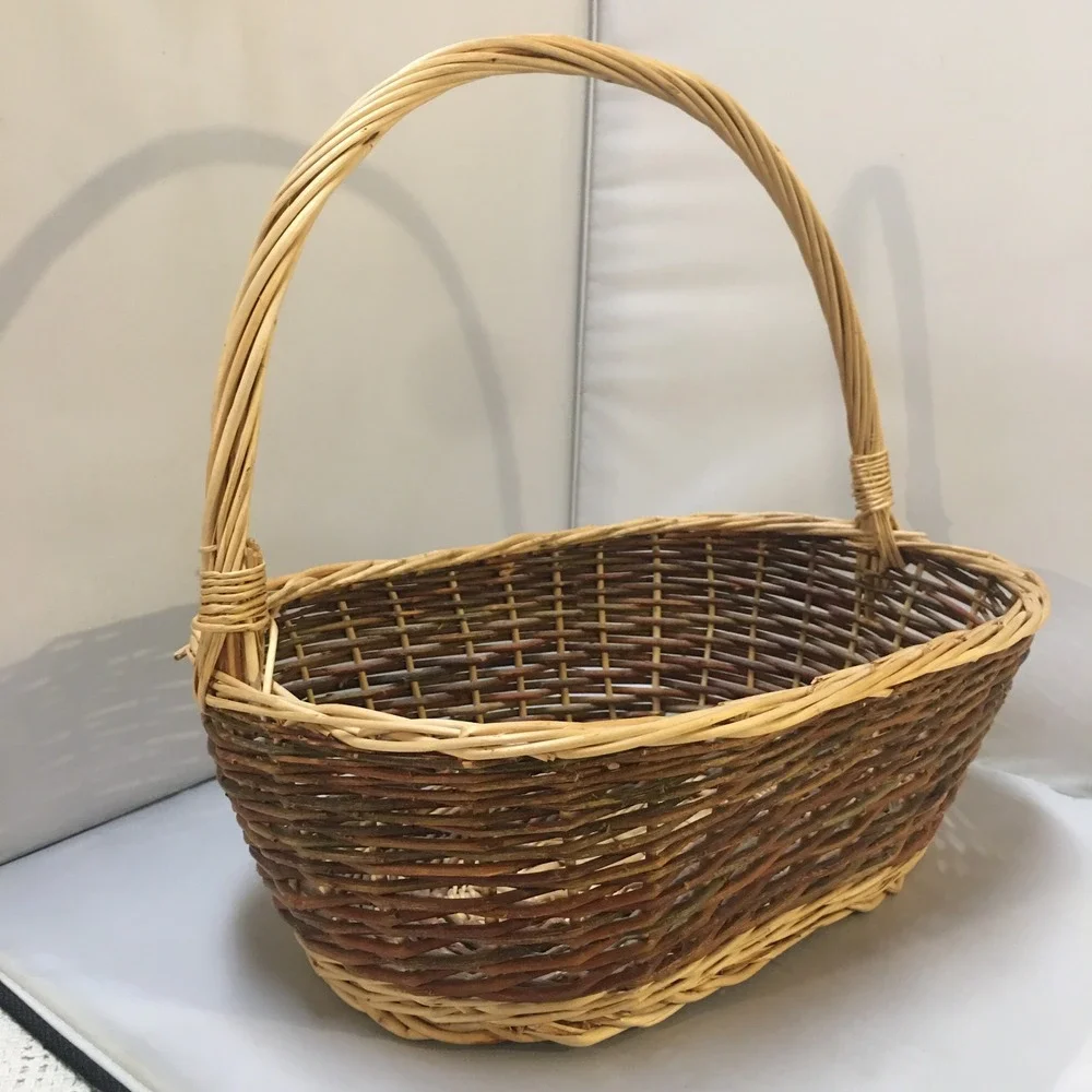 Wicker Gathering Basket Unisex Brown Two-Tone Oval Woven Handle Large Farmhouse